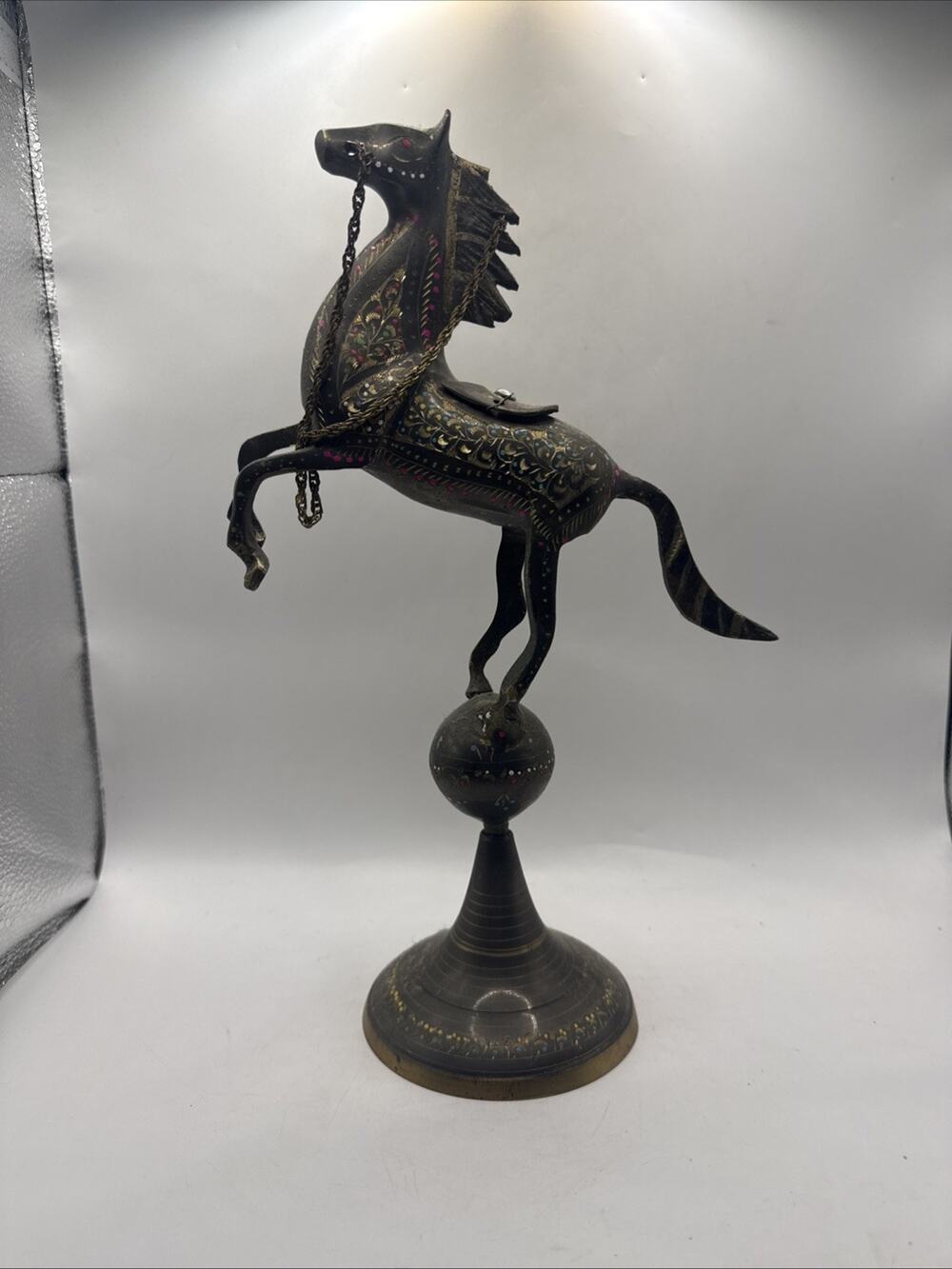Vintage Statue Bronze Middle Eastern Engraved Rearing Horse on Ball -1960s *